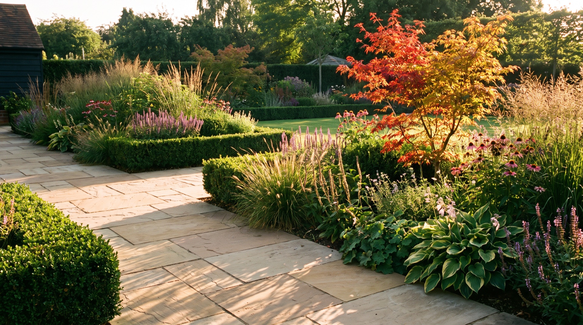 A completed Fernway garden at golden hour